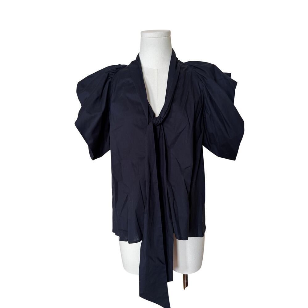 Meg Midnight Blue Flutter Sleeve V-Neck Cotton Blouse Tie-Front - Medium